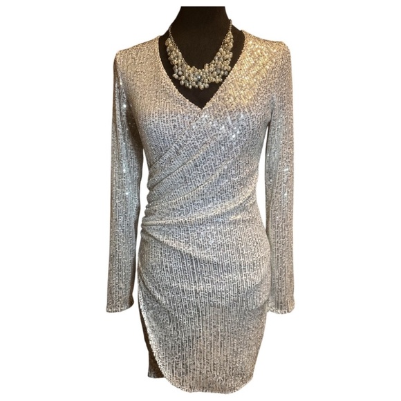 SILVER METALLIC SEQUINS WRAP MINI LONG SLEEVE V NECK FAUX WRAP DRESS - Picture 1 of 6
